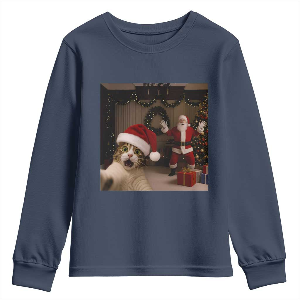 Funny Cat With Santa Selfie Christmas Youth Sweatshirt TS14 Navy Print Your Wear