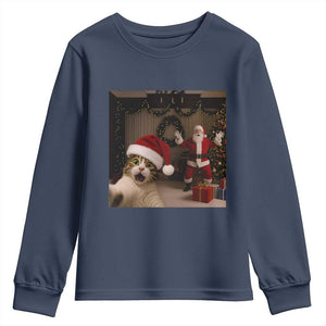 Funny Cat With Santa Selfie Christmas Youth Sweatshirt TS14 Navy Print Your Wear