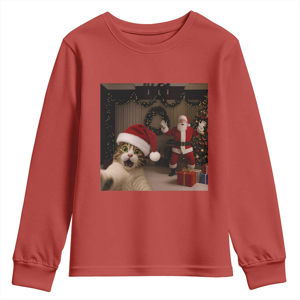 Funny Cat With Santa Selfie Christmas Youth Sweatshirt TS14 Red Print Your Wear