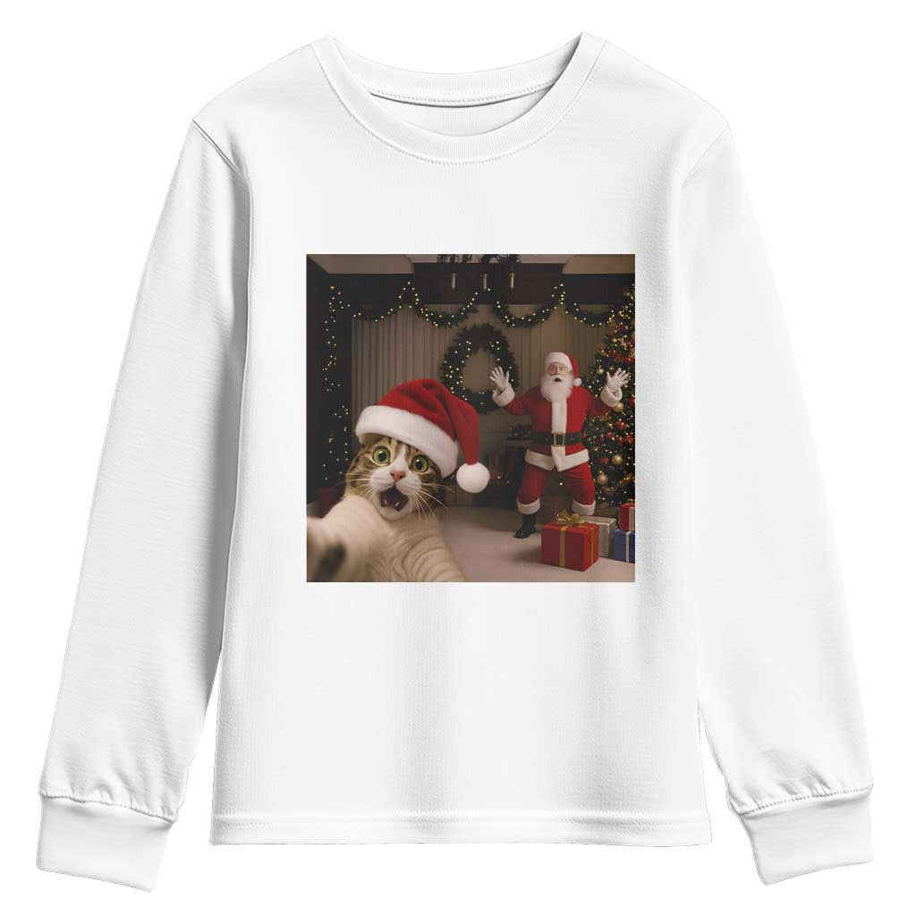 Funny Cat With Santa Selfie Christmas Youth Sweatshirt TS14 White Print Your Wear