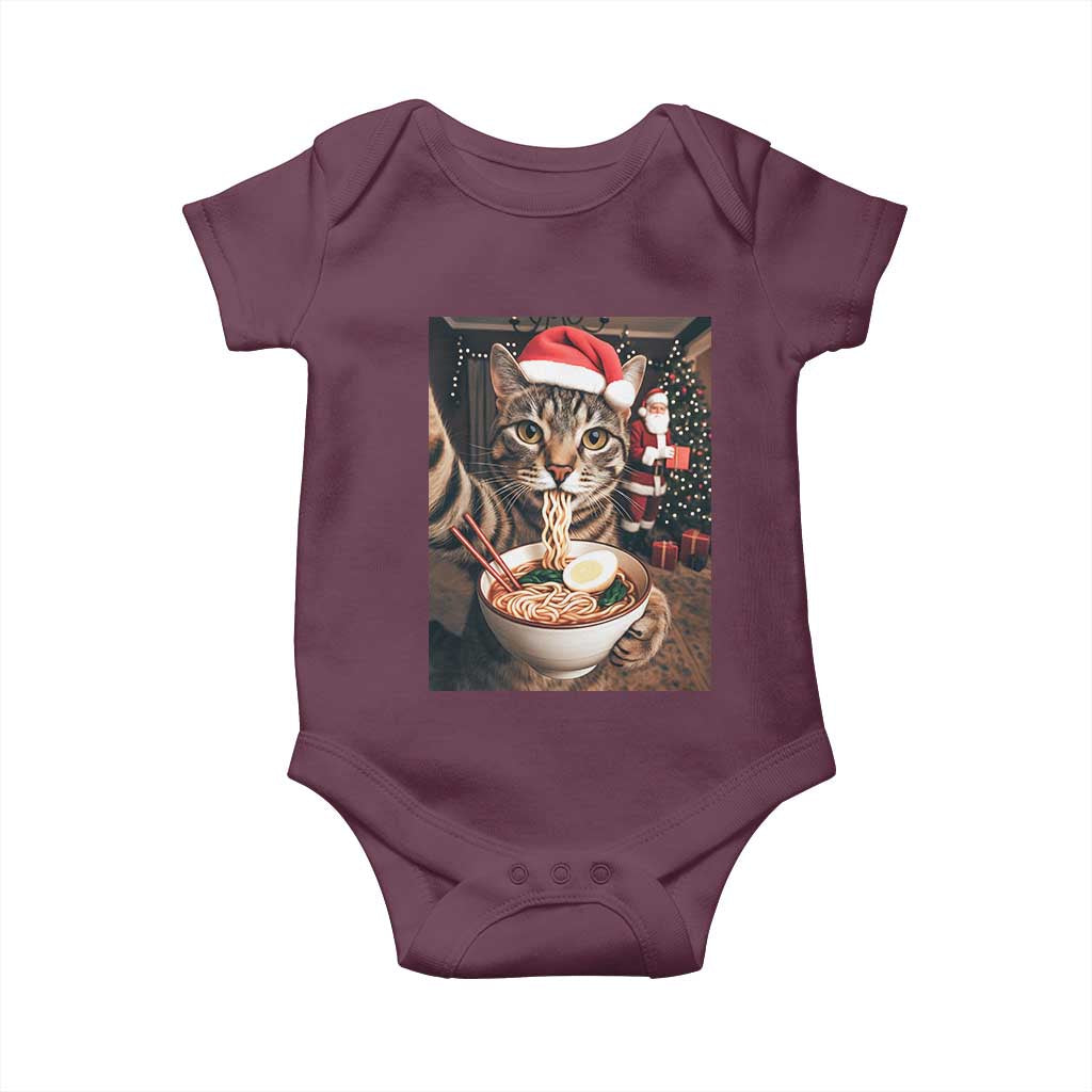 Funny Cat Ramen Selfie With Santa Christmas Baby Onesie TS14 Maroon Print Your Wear