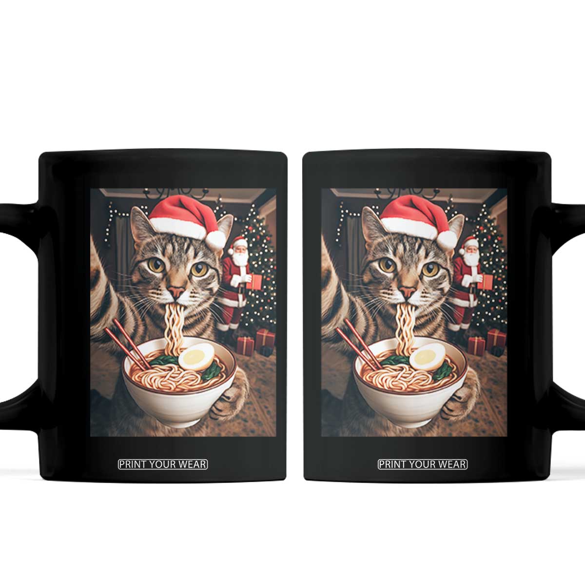 Funny Cat Ramen Selfie With Santa Christmas Coffee Mug TS14 Black Print Your Wear