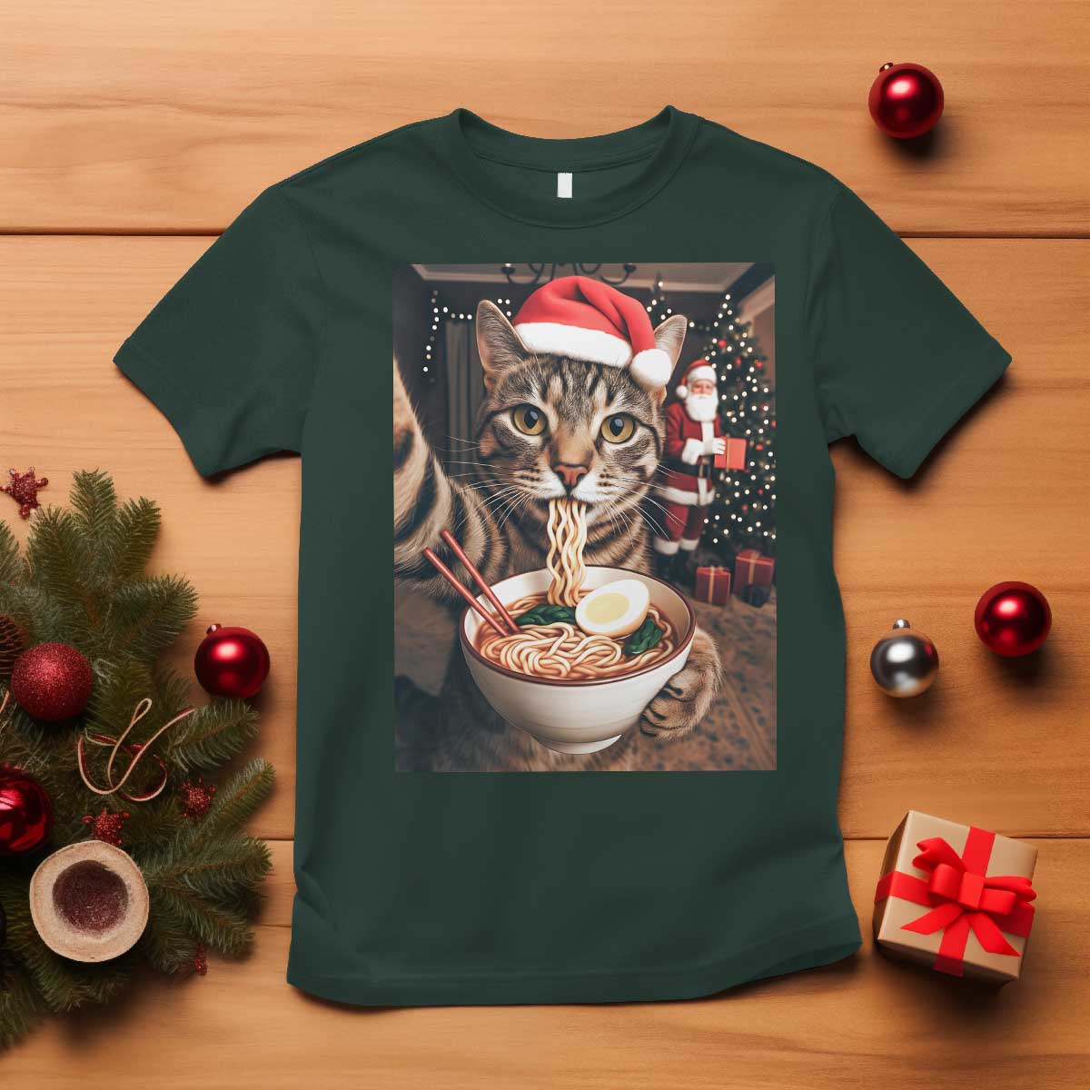 Funny Cat Ramen Selfie With Santa Christmas T Shirt TS14 Dark Forest Green Print Your Wear