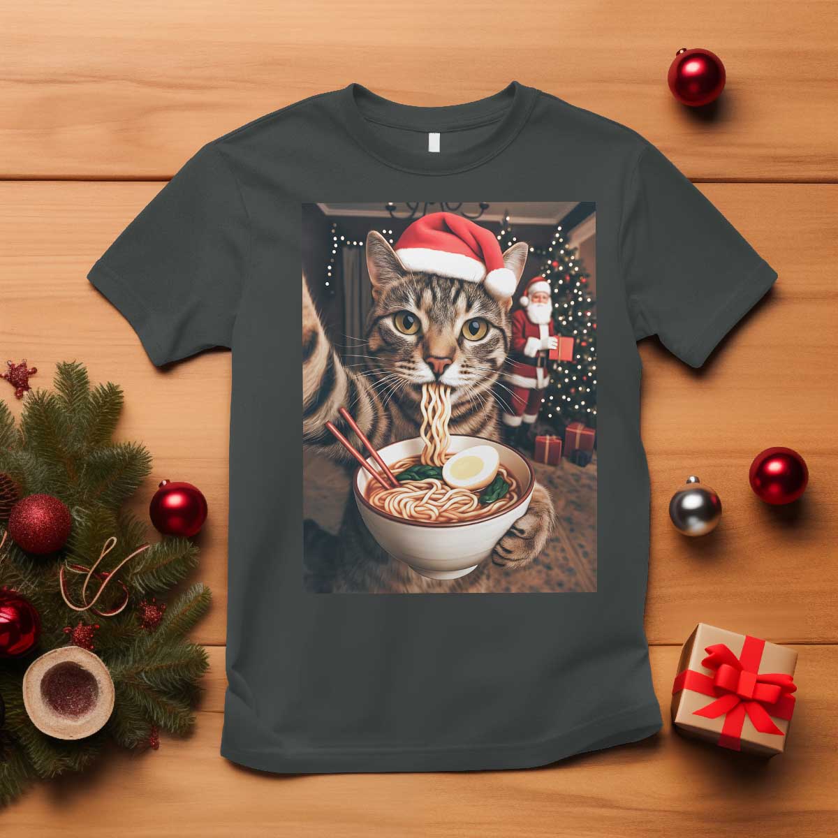 Funny Cat Ramen Selfie With Santa Christmas T Shirt TS14 Dark Heather Print Your Wear