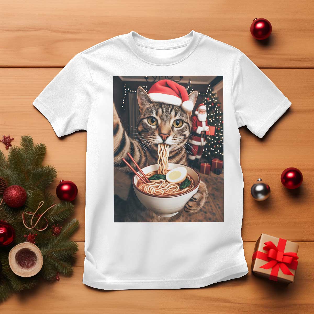 Funny Cat Ramen Selfie With Santa Christmas T Shirt TS14 White Print Your Wear