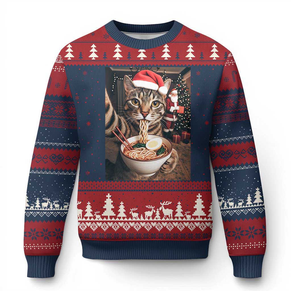 Funny Cat Ramen Selfie With Santa Xmas Ugly Christmas Sweater TS14 Navy Red Print Your Wear