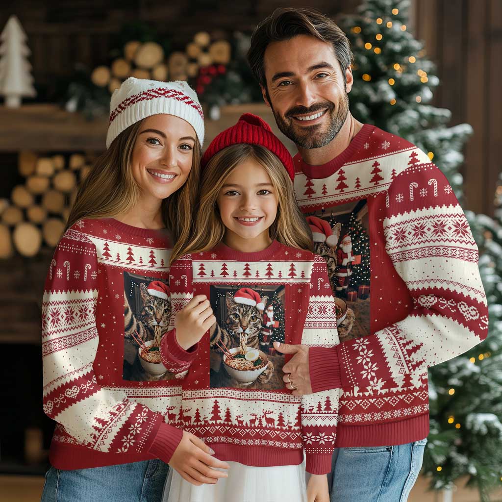 Funny Cat Ramen Selfie With Santa Xmas Ugly Christmas Sweater TS14 Red Beige Print Your Wear