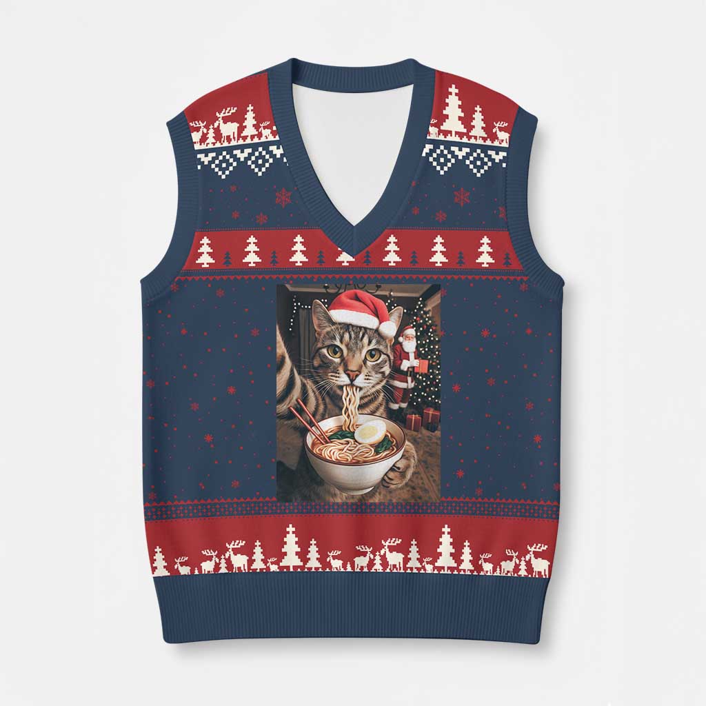 Funny Cat Ramen Selfie With Santa Xmas V-Neck Knit Sweater Vest TS14 Navy Red Print Your Wear