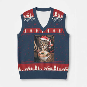 Funny Cat Ramen Selfie With Santa Xmas V-Neck Knit Sweater Vest TS14 Navy Red Print Your Wear
