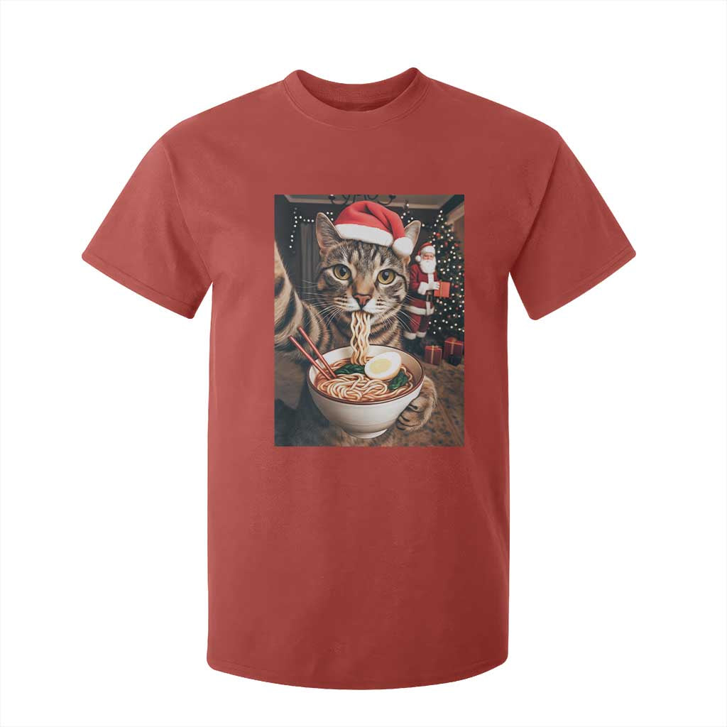 Funny Cat Ramen Selfie With Santa Christmas T Shirt For Kid TS14 Red Print Your Wear