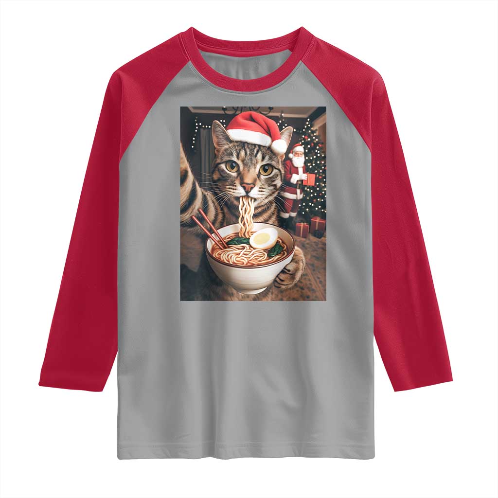 Funny Cat Ramen Selfie With Santa Christmas Raglan Shirt TS14 Sport Gray Red Print Your Wear