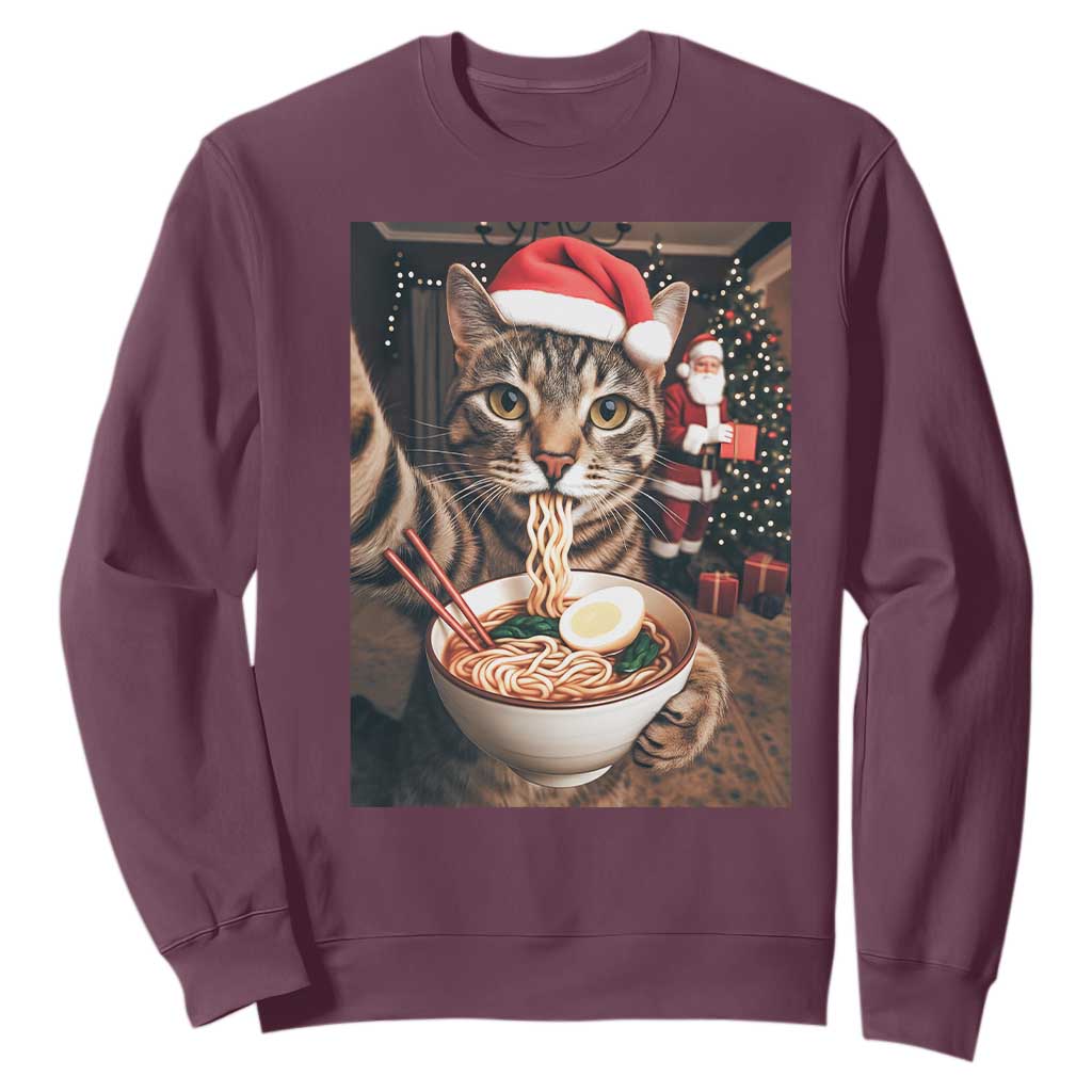 Funny Cat Ramen Selfie With Santa Christmas Sweatshirt TS14 Maroon Print Your Wear