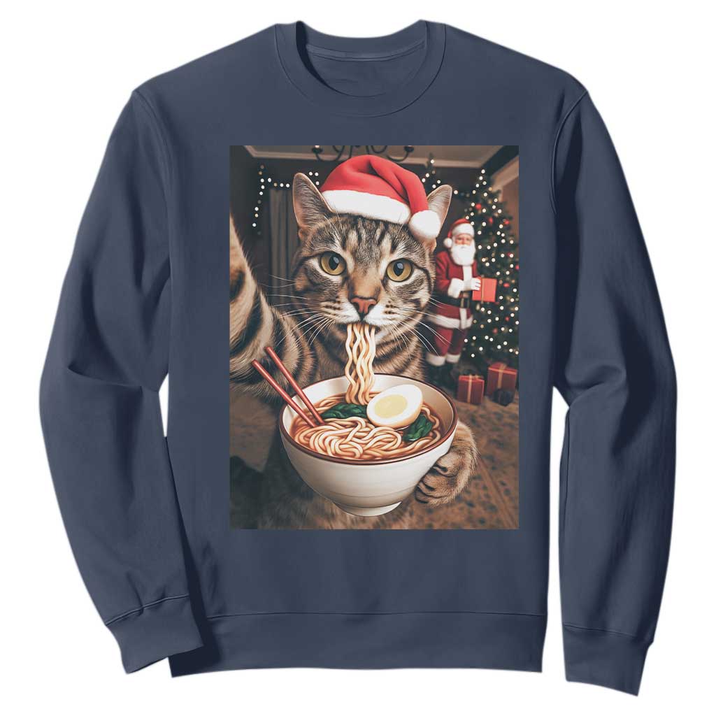 Funny Cat Ramen Selfie With Santa Christmas Sweatshirt TS14 Navy Print Your Wear