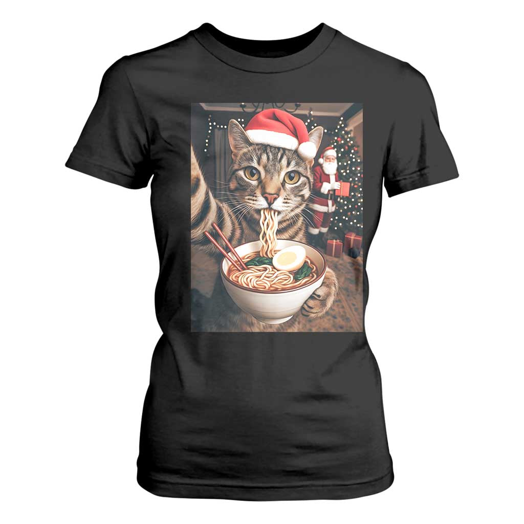 Funny Cat Ramen Selfie With Santa Christmas T Shirt For Women TS14 Black Print Your Wear