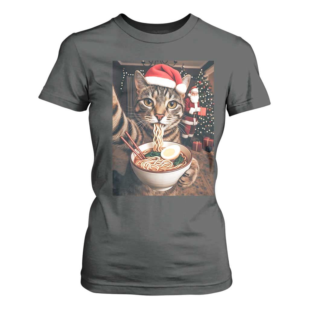 Funny Cat Ramen Selfie With Santa Christmas T Shirt For Women TS14 Dark Heather Print Your Wear