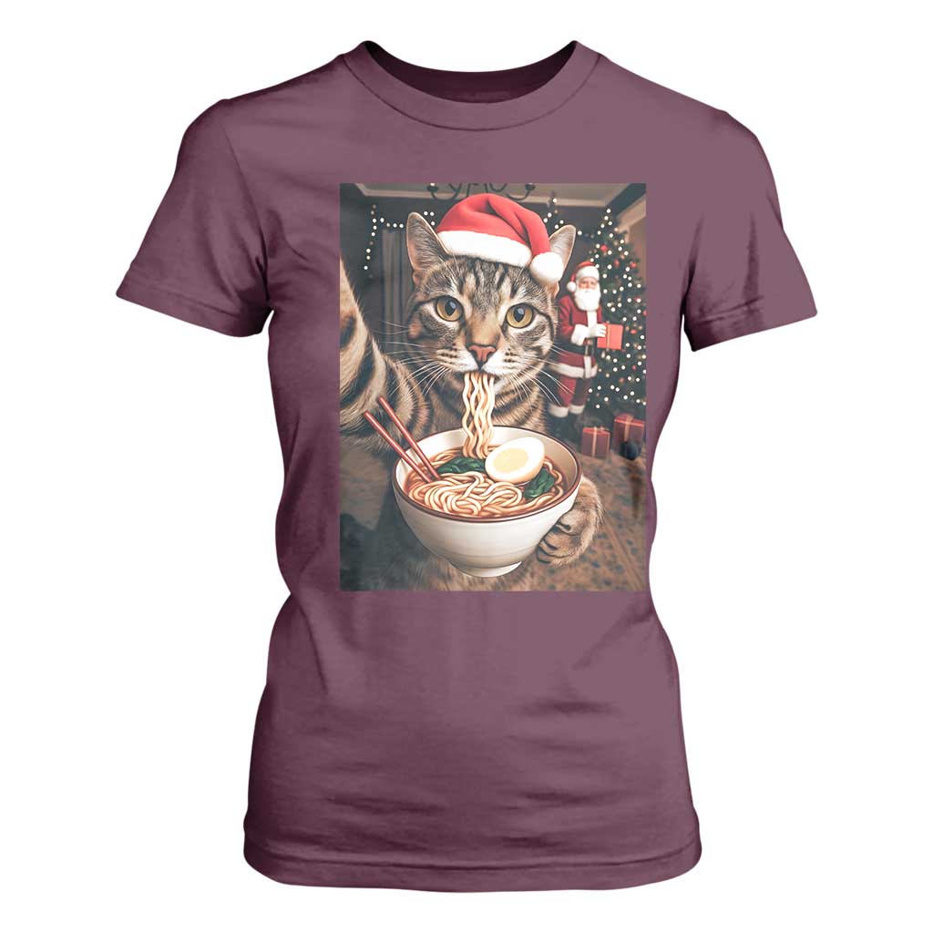 Funny Cat Ramen Selfie With Santa Christmas T Shirt For Women TS14 Maroon Print Your Wear