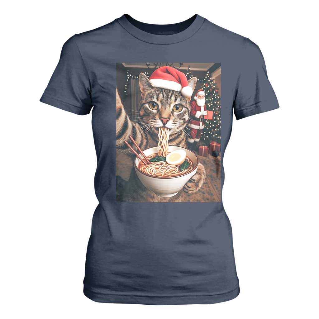 Funny Cat Ramen Selfie With Santa Christmas T Shirt For Women TS14 Navy Print Your Wear