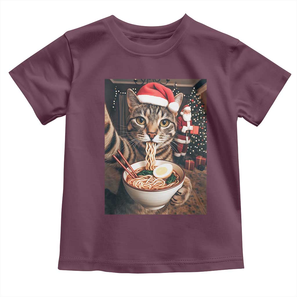 Funny Cat Ramen Selfie With Santa Christmas Toddler T Shirt TS14 Maroon Print Your Wear