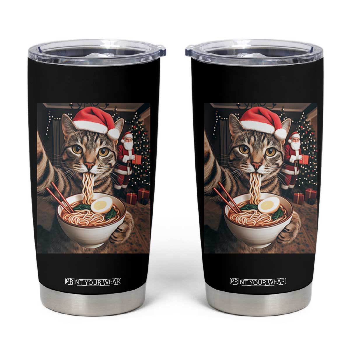 Funny Cat Ramen Selfie With Santa Christmas Tumbler Cup TS14 Black Print Your Wear