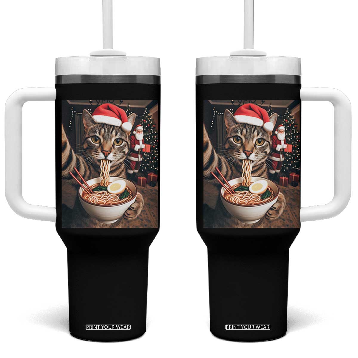 Funny Cat Ramen Selfie With Santa Christmas Tumbler With Handle TS14 One Size: 40 oz Black Print Your Wear