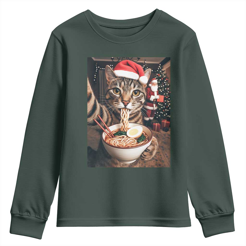 Funny Cat Ramen Selfie With Santa Christmas Youth Sweatshirt TS14 Dark Forest Green Print Your Wear