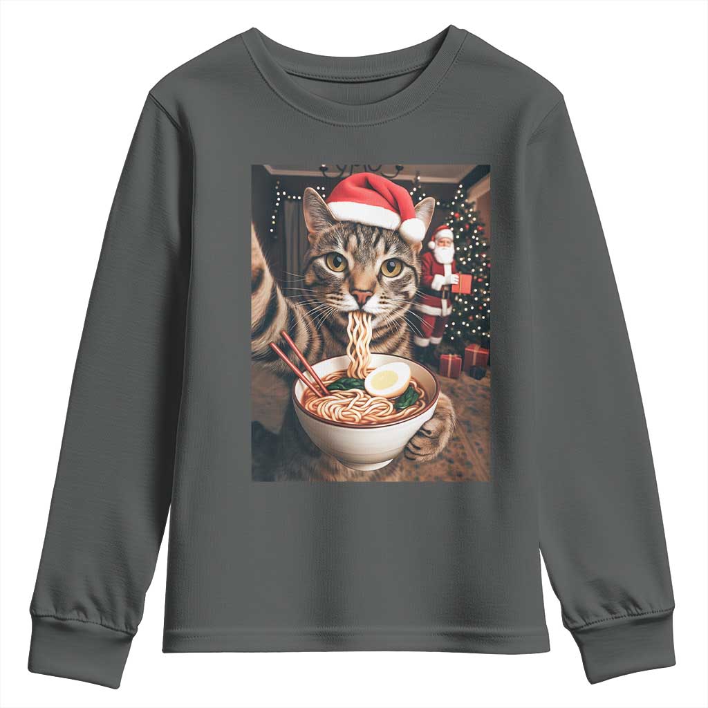 Funny Cat Ramen Selfie With Santa Christmas Youth Sweatshirt TS14 Dark Heather Print Your Wear