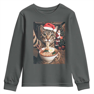 Funny Cat Ramen Selfie With Santa Christmas Youth Sweatshirt TS14 Dark Heather Print Your Wear
