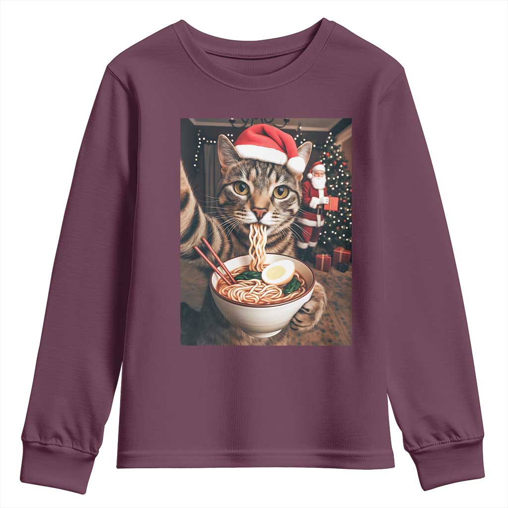 Funny Cat Ramen Selfie With Santa Christmas Youth Sweatshirt TS14 Maroon Print Your Wear