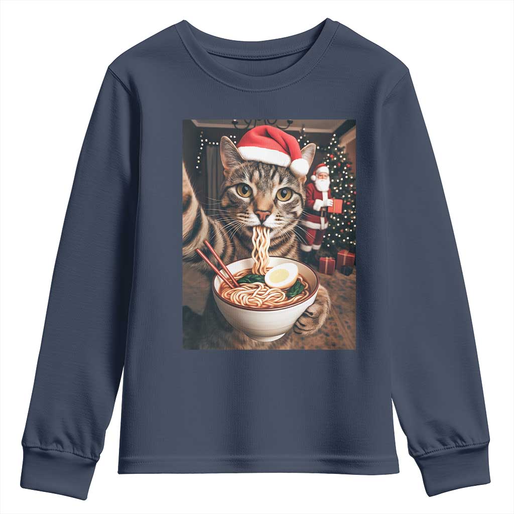Funny Cat Ramen Selfie With Santa Christmas Youth Sweatshirt TS14 Navy Print Your Wear