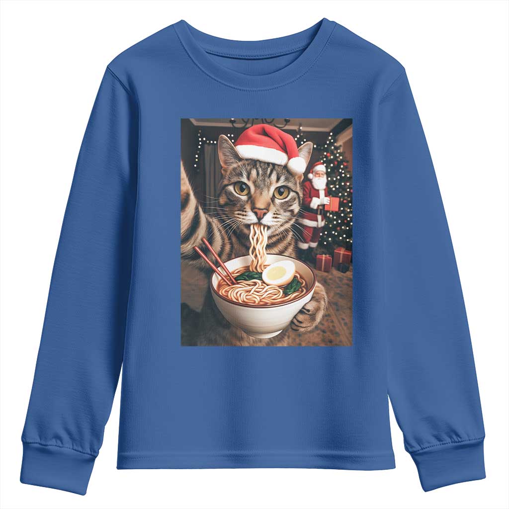 Funny Cat Ramen Selfie With Santa Christmas Youth Sweatshirt TS14 Royal Blue Print Your Wear