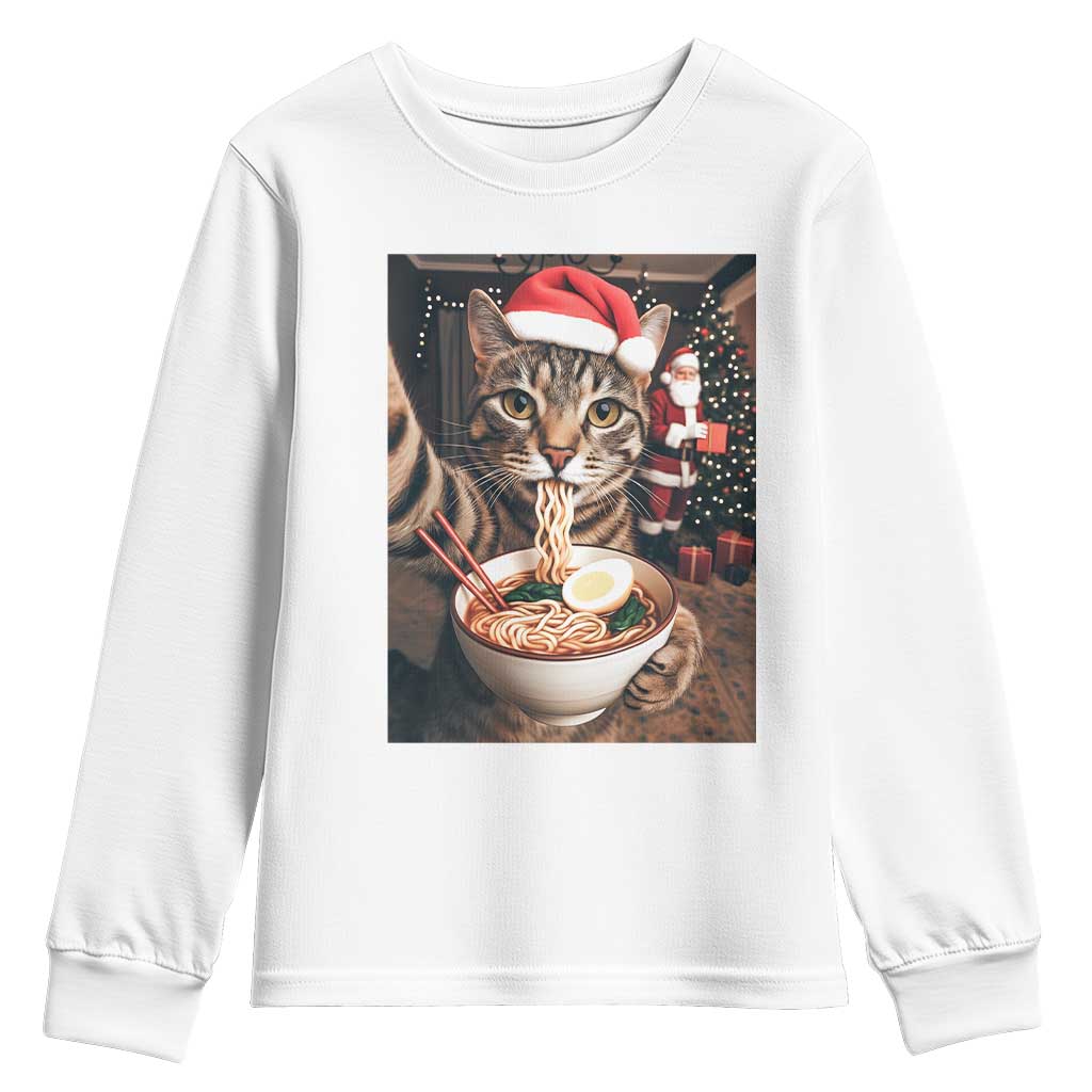 Funny Cat Ramen Selfie With Santa Christmas Youth Sweatshirt TS14 White Print Your Wear