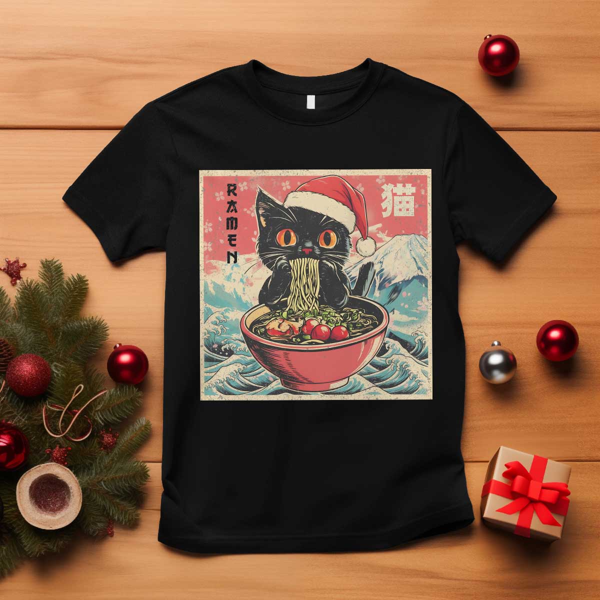 Cat Ramen Christmas T Shirt Japanese Kawaii Retro Cats Manga TS14 Black Print Your Wear