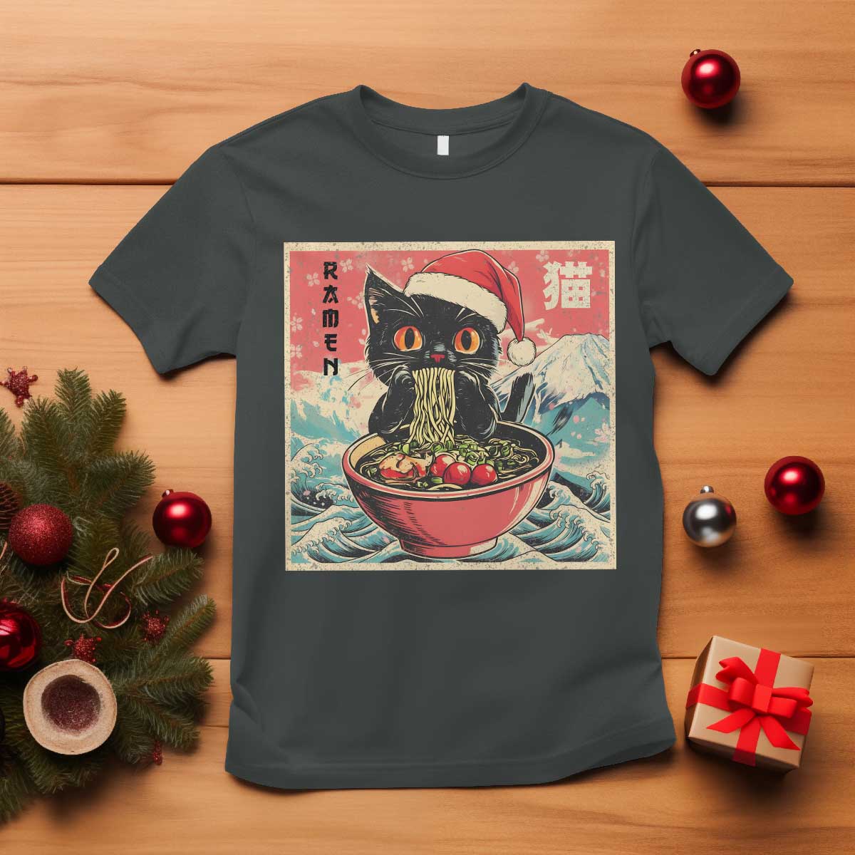 Cat Ramen Christmas T Shirt Japanese Kawaii Retro Cats Manga TS14 Dark Heather Print Your Wear
