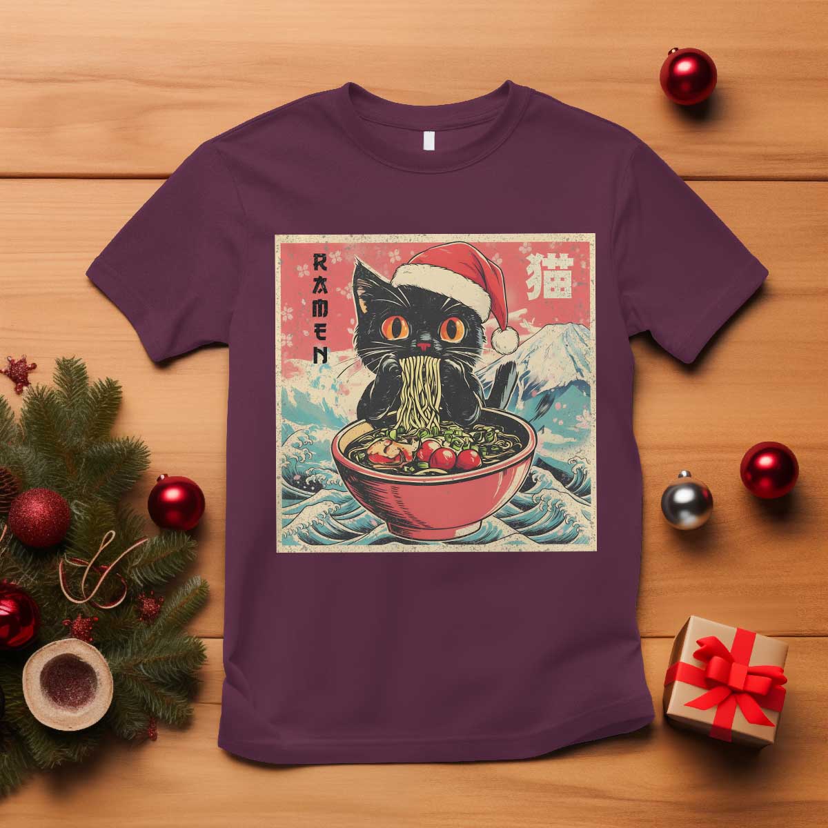 Cat Ramen Christmas T Shirt Japanese Kawaii Retro Cats Manga TS14 Maroon Print Your Wear