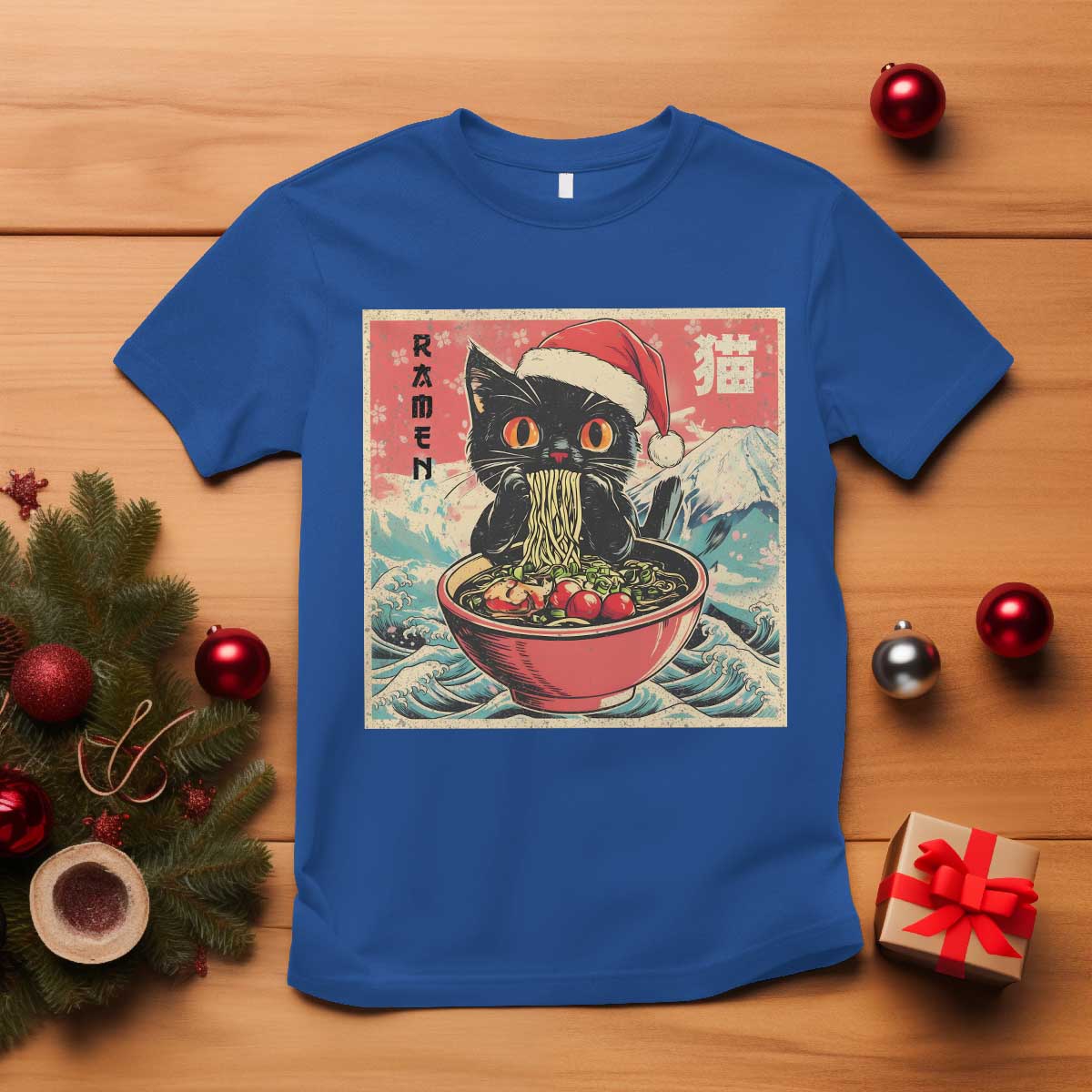 Cat Ramen Christmas T Shirt Japanese Kawaii Retro Cats Manga TS14 Royal Blue Print Your Wear