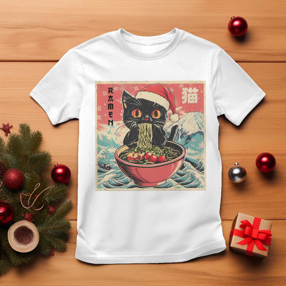 Cat Ramen Christmas T Shirt Japanese Kawaii Retro Cats Manga TS14 White Print Your Wear