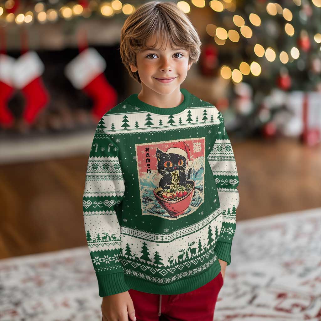 Cat Ramen Xmas Ugly Christmas Sweater Japanese Kawaii Retro Cats Manga TS14 Forest Green Beige Print Your Wear