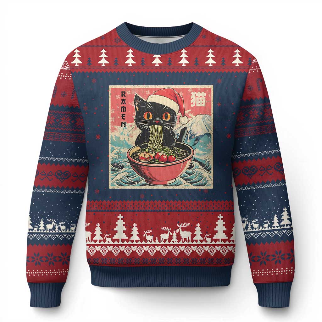 Cat Ramen Xmas Ugly Christmas Sweater Japanese Kawaii Retro Cats Manga TS14 Navy Red Print Your Wear
