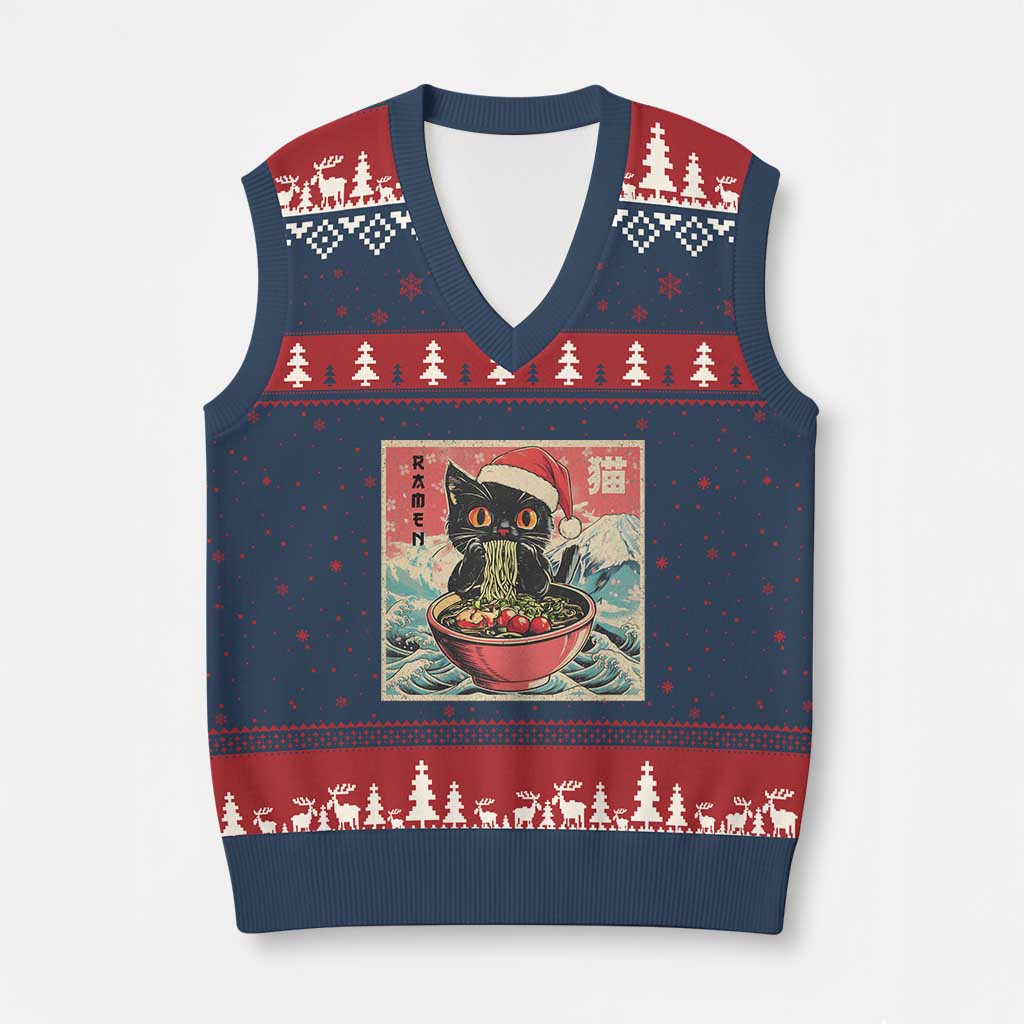 Cat Ramen Xmas V-Neck Knit Sweater Vest Japanese Kawaii Retro Cats Manga TS14 Navy Red Print Your Wear