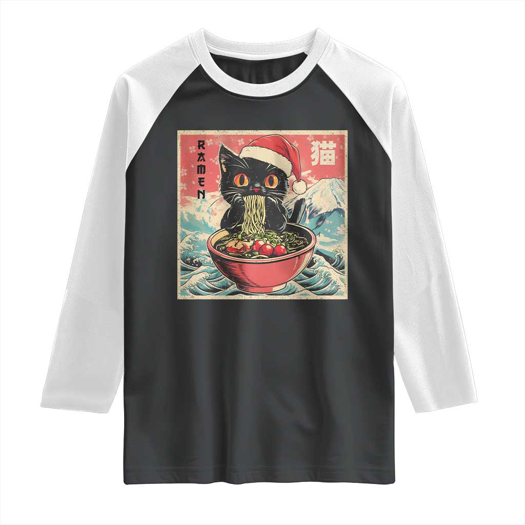 Cat Ramen Christmas Raglan Shirt Japanese Kawaii Retro Cats Manga TS14 Black White Print Your Wear