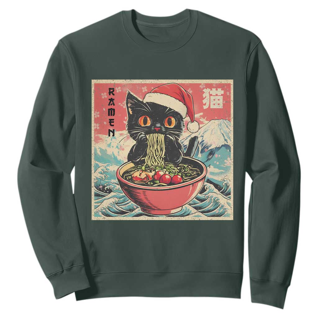 Cat Ramen Christmas Sweatshirt Japanese Kawaii Retro Cats Manga TS14 Dark Forest Green Print Your Wear