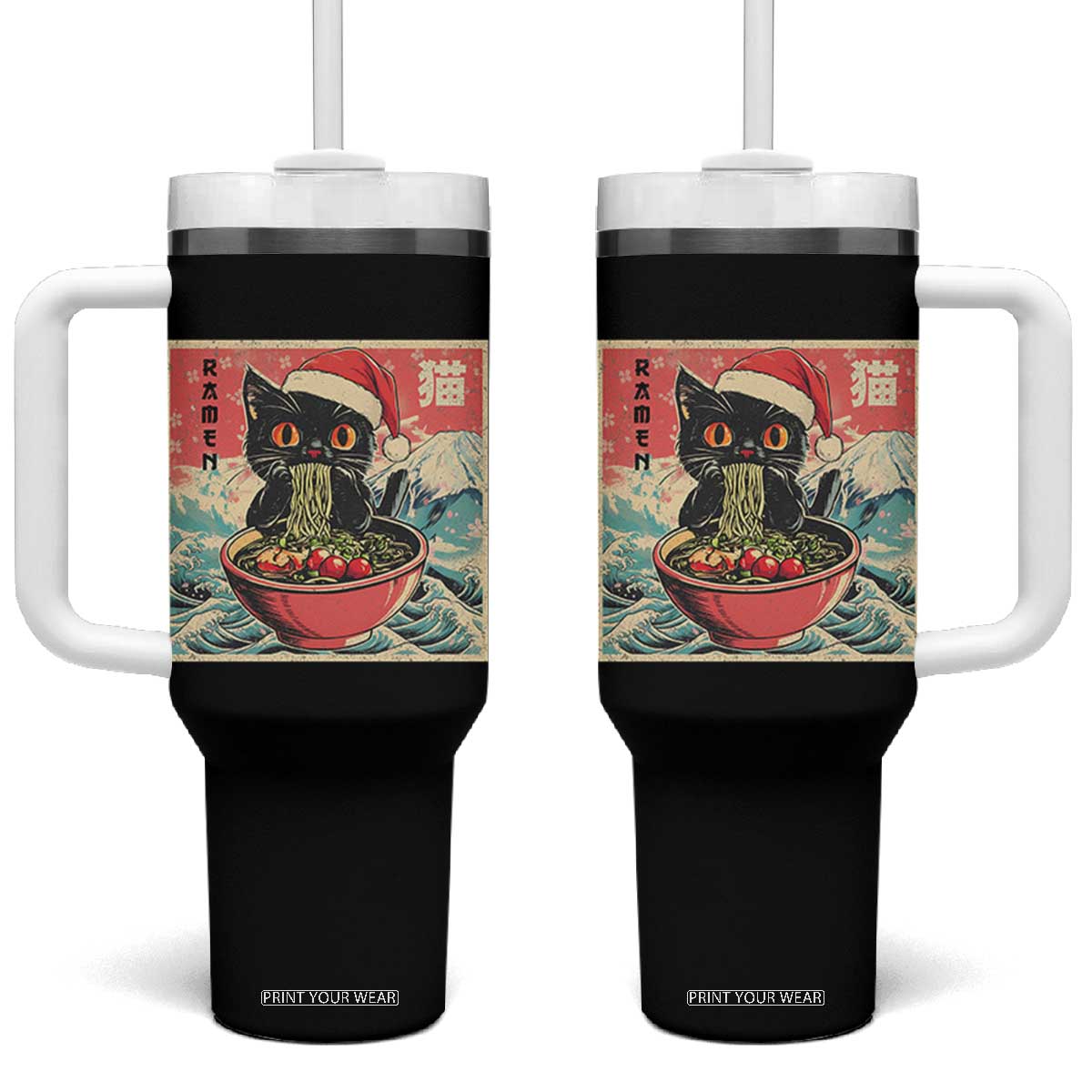 Cat Ramen Christmas Tumbler With Handle Japanese Kawaii Retro Cats Manga TS14 One Size: 40 oz Black Print Your Wear