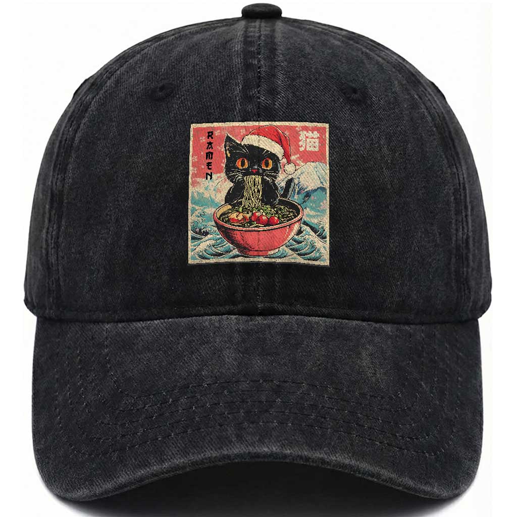 Cat Ramen Christmas Washed Cotton Baseball Cap Japanese Kawaii Retro Cats Manga TS14 Washed Cap Universal Fit Black Print Your Wear