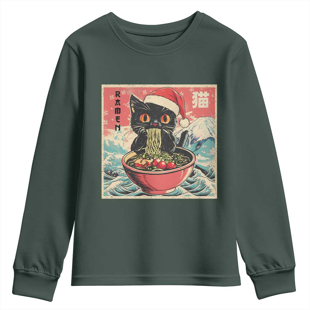 Cat Ramen Christmas Youth Sweatshirt Japanese Kawaii Retro Cats Manga TS14 Dark Forest Green Print Your Wear
