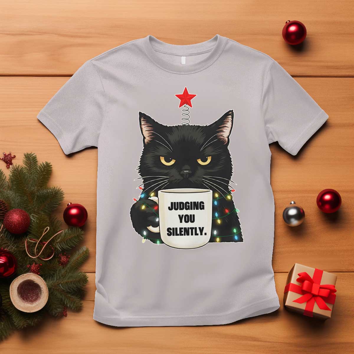 Funny Black Cat Christmas T Shirt Judging You Silently TS14 Ice Gray Print Your Wear