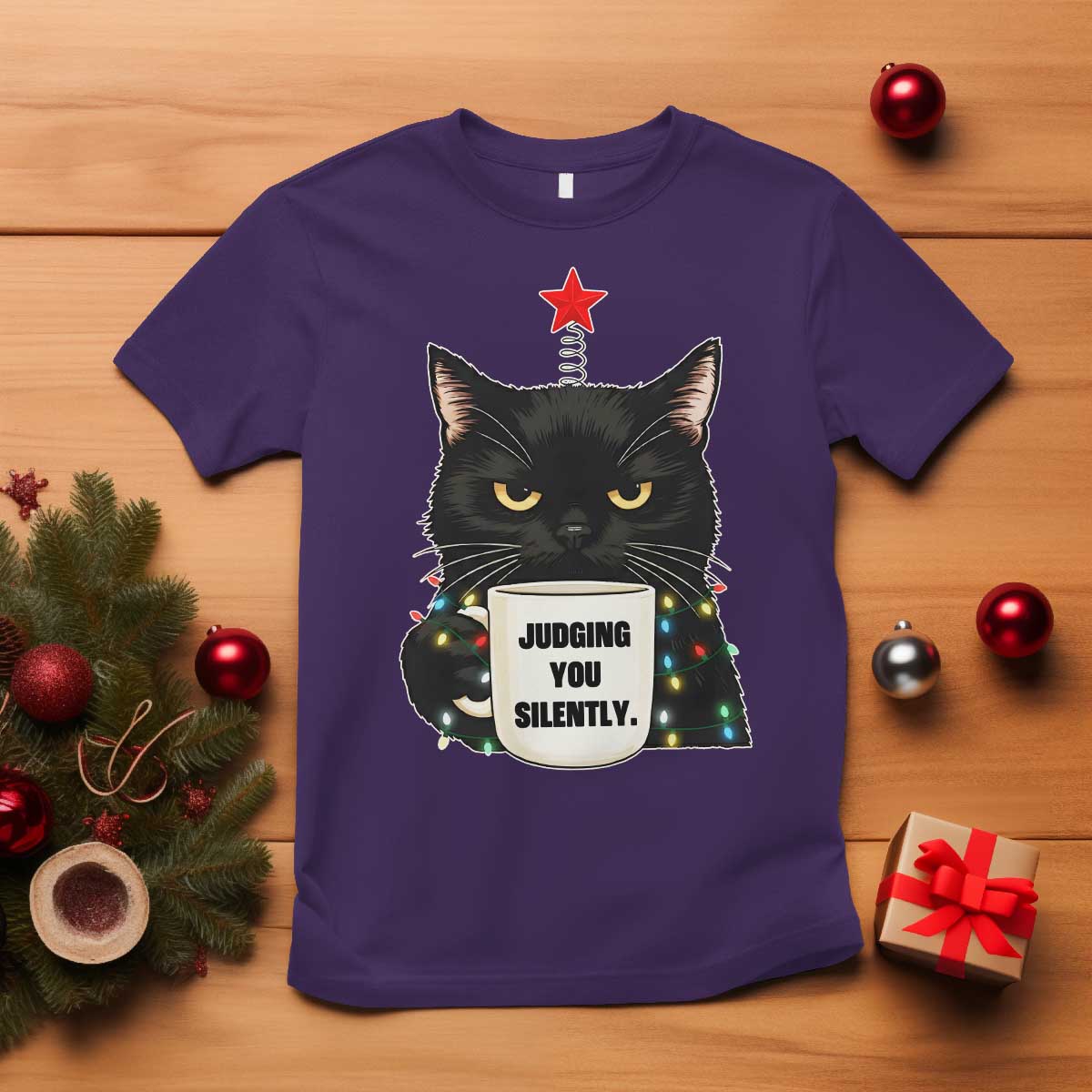 Funny Black Cat Christmas T Shirt Judging You Silently TS14 Purple Print Your Wear