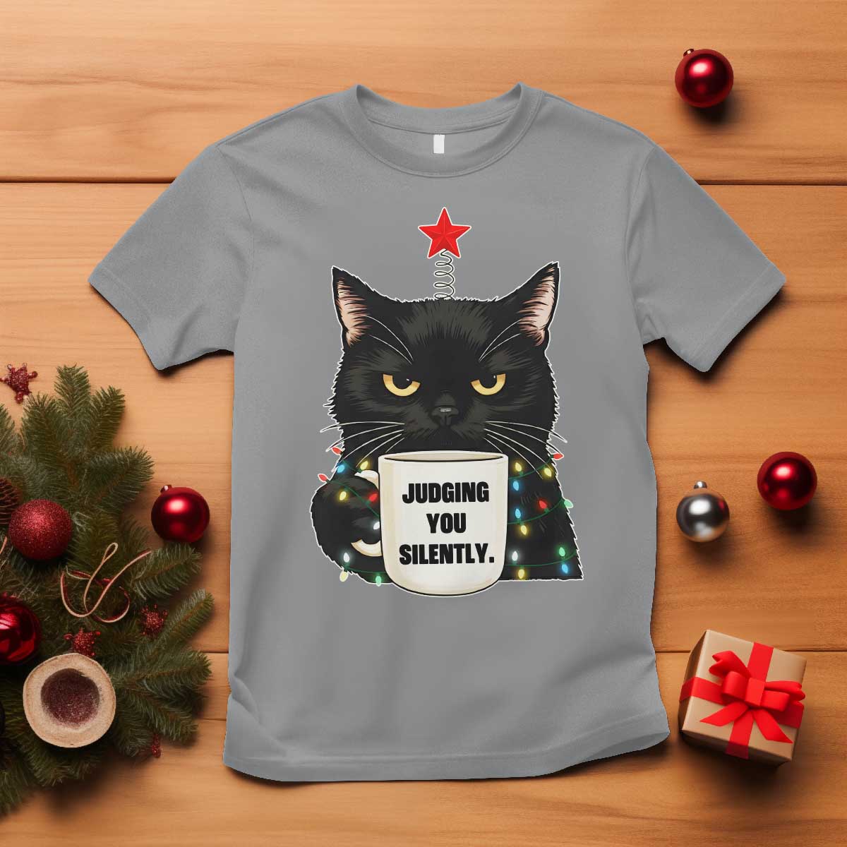 Funny Black Cat Christmas T Shirt Judging You Silently TS14 Sport Gray Print Your Wear