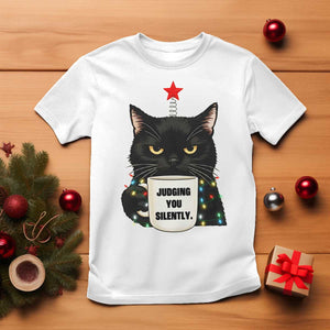 Funny Black Cat Christmas T Shirt Judging You Silently TS14 White Print Your Wear