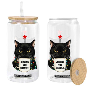 Funny Black Cat Christmas Glass Can Judging You Silently TS14 Print Your Wear