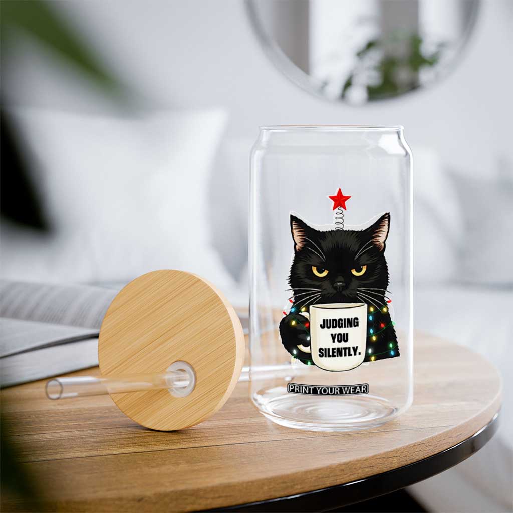 Funny Black Cat Christmas Glass Can Judging You Silently TS14 Print Your Wear